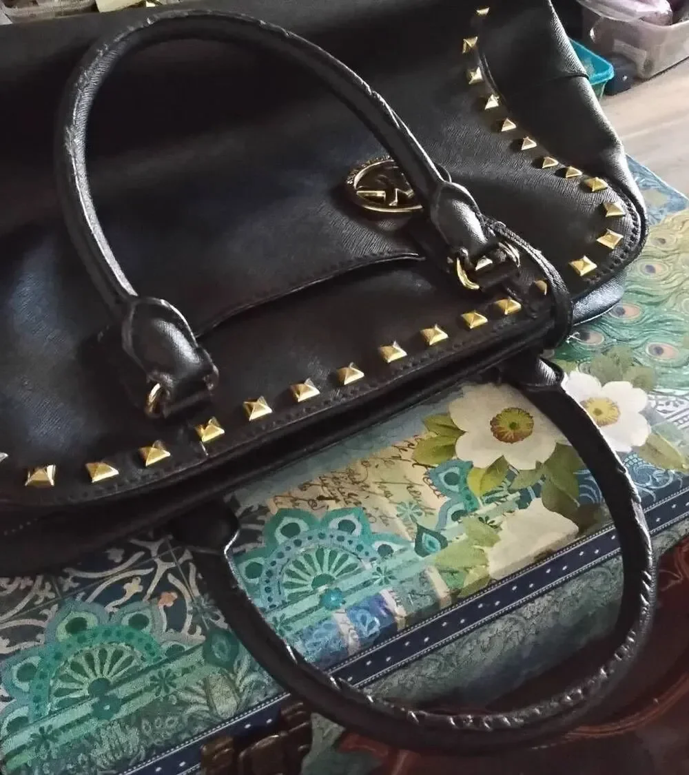 MICHAEL KORS Black Leather Dome Satchel with Gold Studs